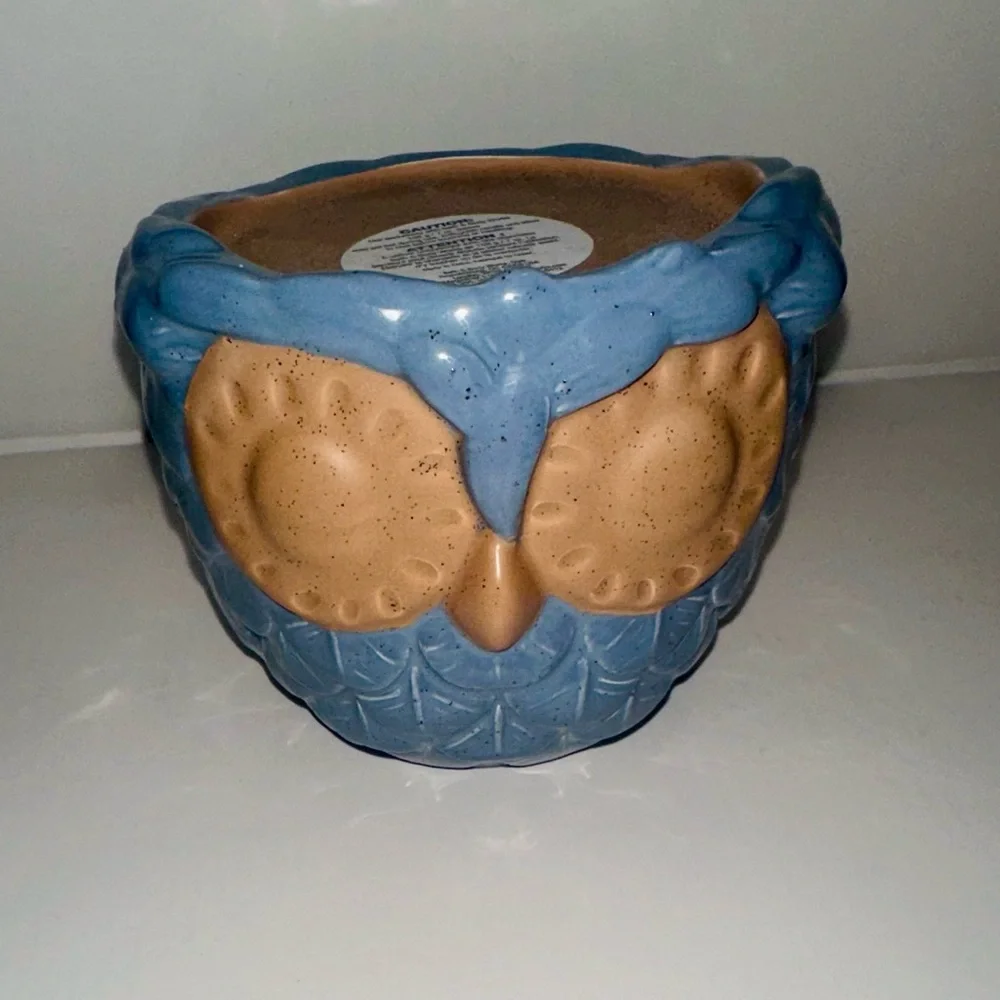 BBW Owl Ceramic Single Wick Candle Holder | Blue & Tan Pottery Decor - Picture 1 of 1